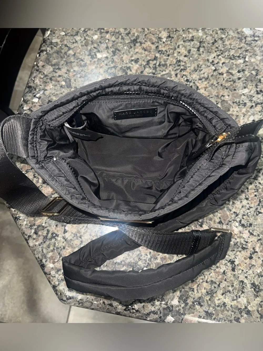 Marc Jacobs Black Quilted Crossbody Bag with Gold Plaque